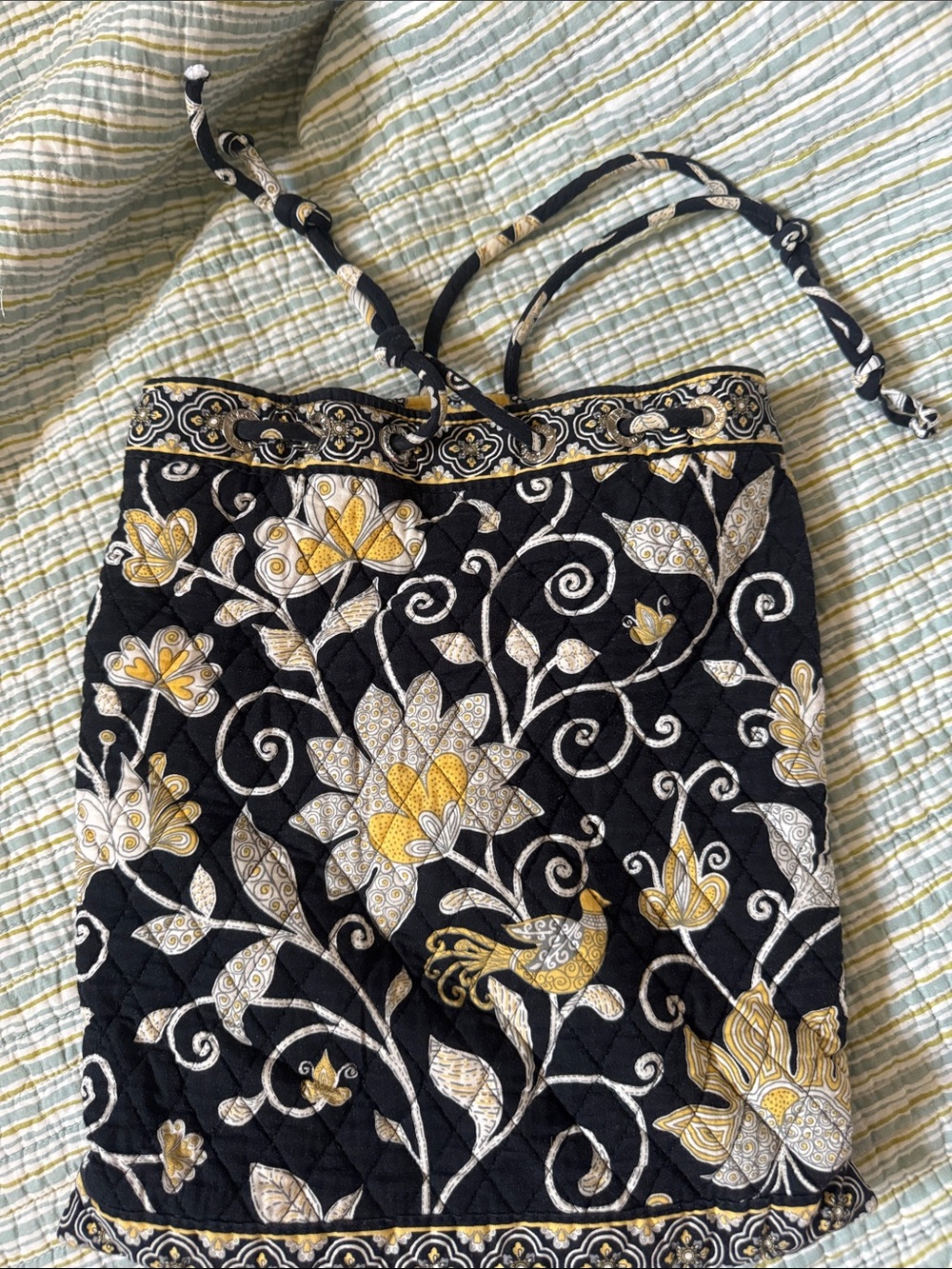 Vera Bradley Black Quilted Floral draw string Satchel with Yellow & Cream Accent